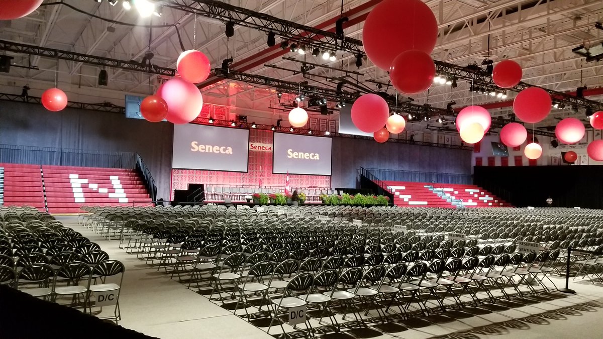 SenecaPoly's tweet photo. Very soon the gym at Newnham Campus will be packed with excited family and friends of our Ceremony 3 graduates! Thank you to all the loved ones whose excitement makes the day so special for our grads. ❤️ #SenecaGrad2018 https://t.co/YXeASqYQny