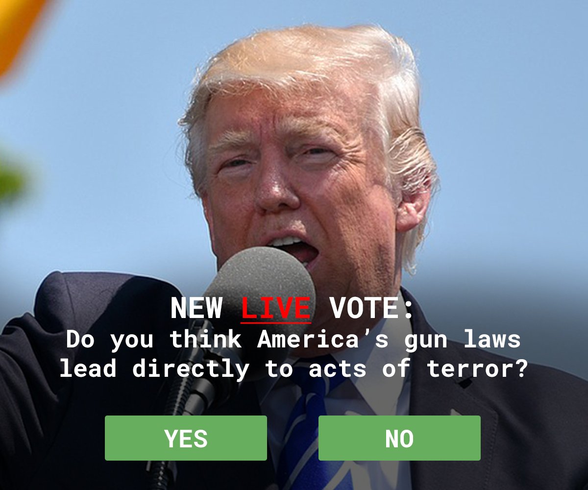 WeSayVote's tweet image. Time for a new vote-

Do you think America’s gun laws lead directly to acts of terror? 🔫🇺🇸

Vote now at WeSayVote.com/vote/56