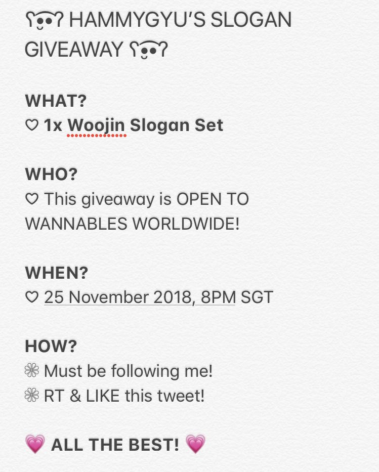 HAMMYGYU's tweet photo. ❁ SLOGAN GIVEAWAY ❁

♥ to commemorate woojin’s birthday, I’ll be giving away a slogan set! 🎉

❗️see pictures for more details! https://t.co/bPhjMwF2OV