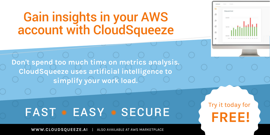 cloudsqueeze's tweet photo. Gain insights in your #AWS account with CloudSqueeze. Don't spend too much time on metrics analysis. Find us @awsmarketplace - https://t.co/AbYhyFoaS0 
#CTO #sysadmin #devops #devopstools #awsmarketplace https://t.co/8i5Y34Wxn2