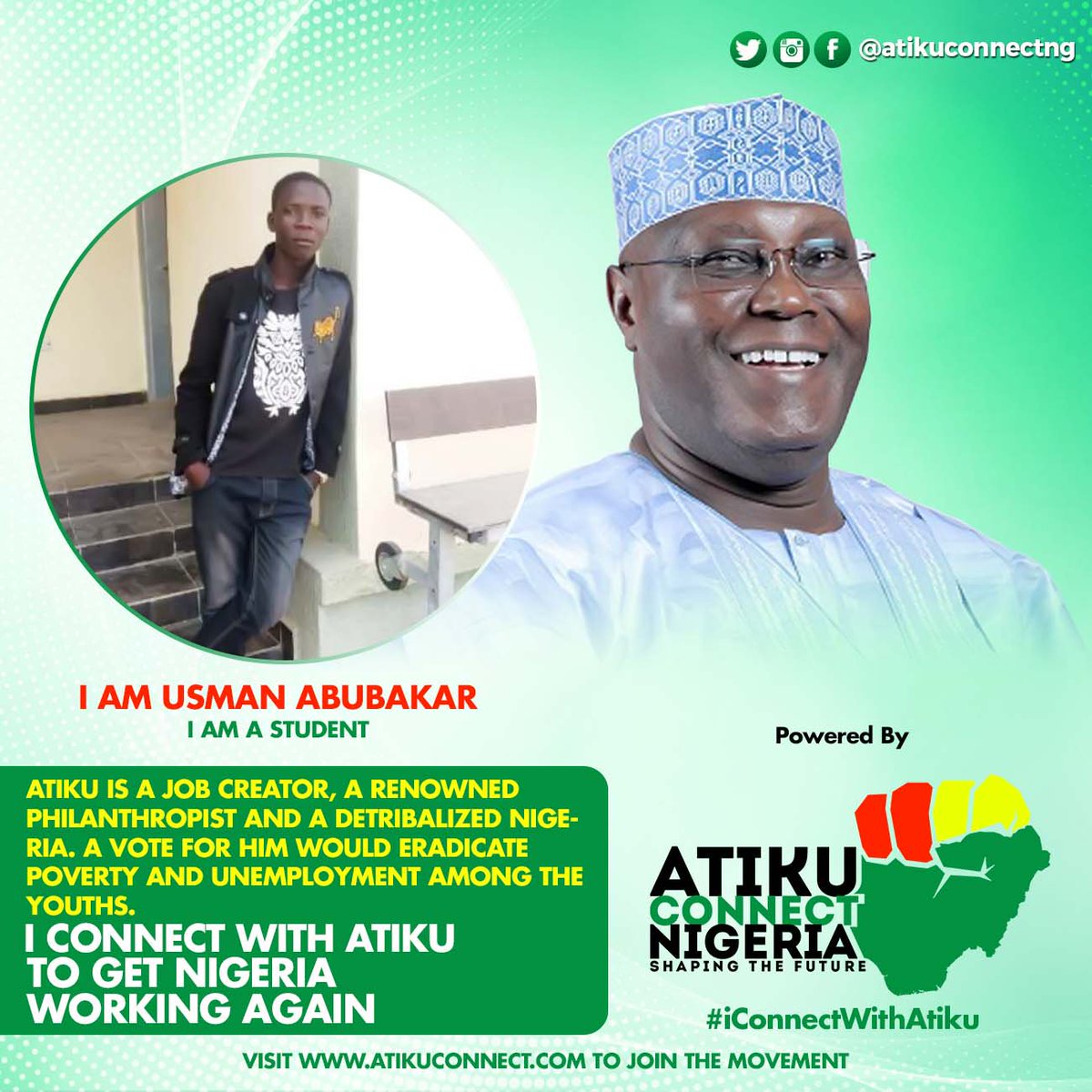 atikuconnectng's tweet photo. @atiku is A job creator, a renowned Philanthropist and a detribalized Nigeria. A vote for him would eradicate poverty and unemployment among the youths. #iConnectWithAtiku to get Nigeria Working Again.
#AtikuConnect #AtikuConnectNigeria #AtikuObi2019 @YouthsForAtiku https://t.co/9fRzHydHFJ