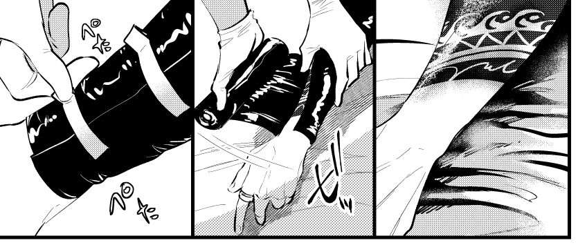 ここが描きたくて彫師の話を描こうと思った細かすぎて伝わらないポイントなんですけど この施術後ラップ的なものを巻いてマステ的なもの(全全部ぼんやり)で留める作業時に、あとで本人が剥がしやすい様テープを折り返すのめっちゃ大倶利伽羅くんだな………と思ったんですよね 