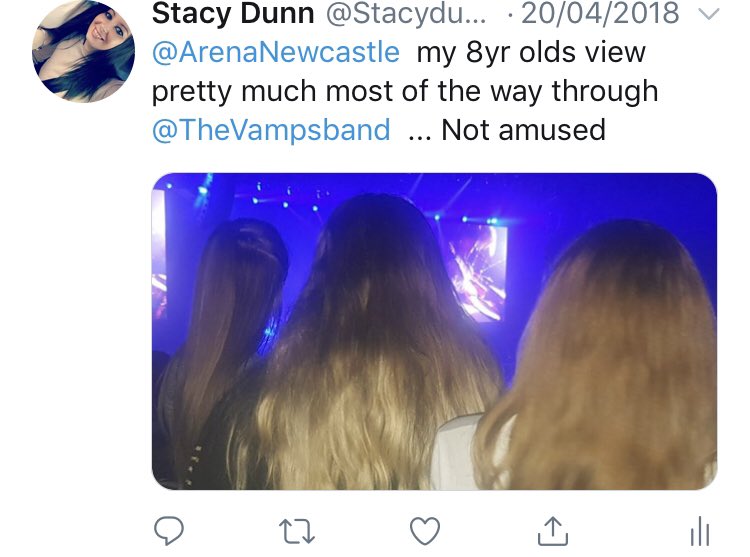 Stacydunn6n7's tweet photo. @TheVampsband My then 8 yr olds  view for most of the 2018 tour @TheVampsband  #Newcastle https://t.co/Pf6LuciT2Q