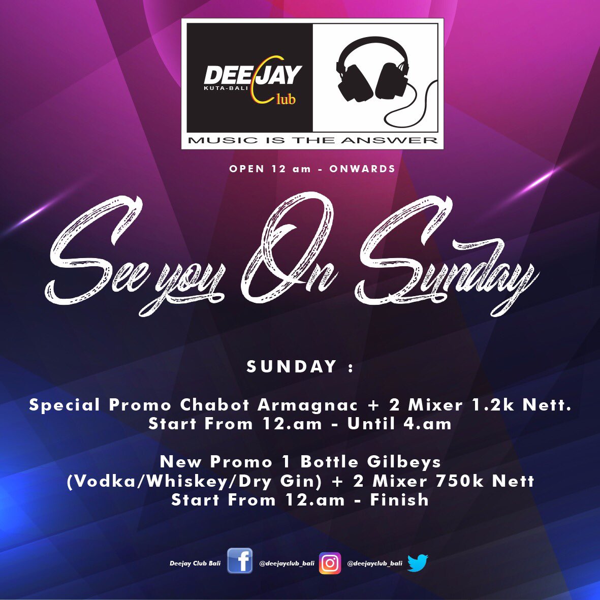 Meet up at dance floor tonight Clubbers #seeyouonsunday at Deejay Club Bali!
.

Share your apic moments from this weekend’s adventure at Deejay Club Bali by using our official hashtag #deejayclubbali 
#MusicIsTheAnswer . .

RSVP : +62361-765195/ +6281337039872