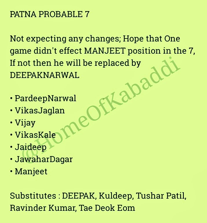 HomeOfKabaddi's tweet photo. Probable LineUps for #PATvHAR  

Its #MonuGoyat vs #PardeepNarwal 
Clash of Ex Team Mates 

#VivoProKabaddi #Kabaddi #Patna #Haryana #HOK https://t.co/RBeouxvZQz
