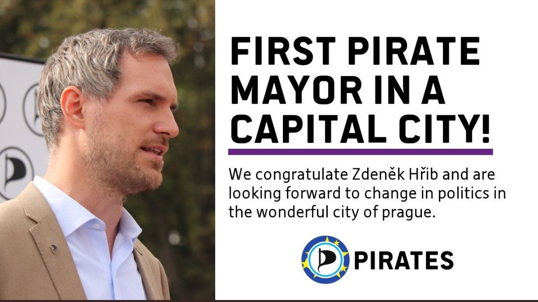 PartiPiratePaca's tweet photo. Félicitations à  @ZdenekHrib, premier maire Pirate d'une capitale.
C'est une première qui augure de belles choses pour l'avenir de la démocratie en République Tchèque, en Europe et dans le monde !🍾🎉🇨🇿 #Prague https://t.co/WuylO2u4Gs