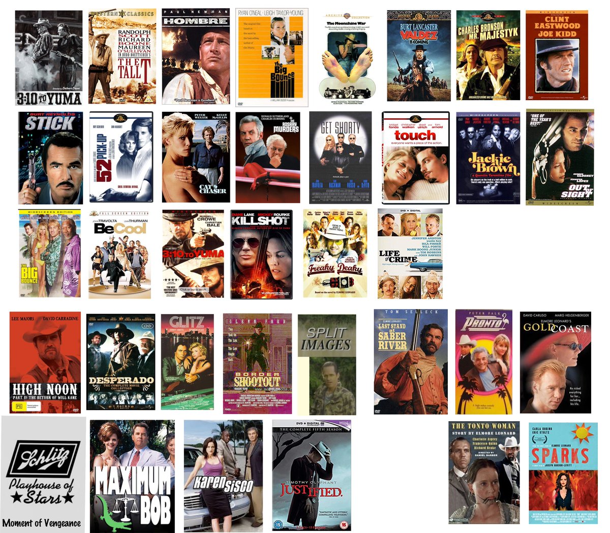 All of Elmore’s Film and TV DVD and VHS covers.  Hear stories about most of them on the Elmore Leonard in Hollywood Bus Tour on November 10.  Still a few tickets left.

esotouric.com/elmore-leonard/