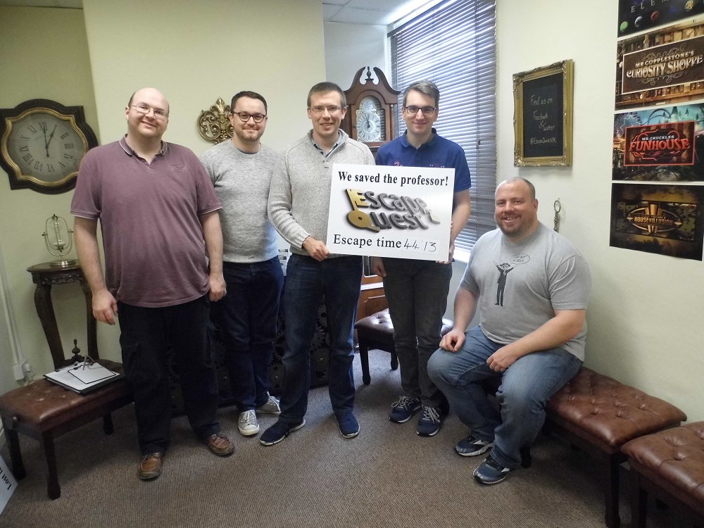 EscapeQuestUK's tweet photo. We welcomed back the wonderful @ReallyFunUK team to Escape Quest this morning, where we witnessed them break not one, but two records! First they fixed #MrCopplestone's time machine &amp; escaped #CuriousEncounters in an awesome time of 44 minutes 13 seconds. https://t.co/J5DVLbv0Zr