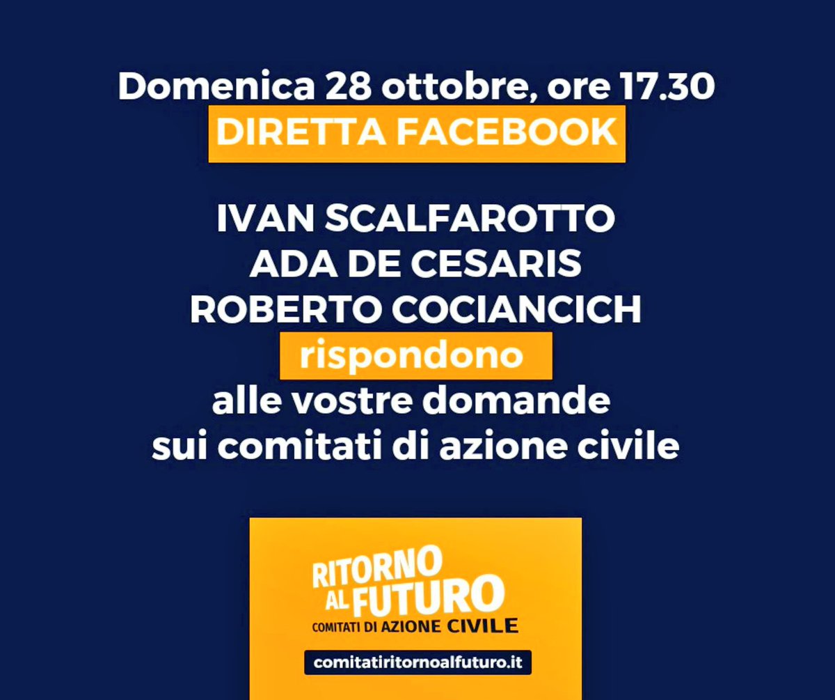 📍 Tra poco, alle 17:30, sarò in diretta sulla pagina dei comitati di azione civile con @ivanscalfarotto e @AdalucDe per rispondere alle vostre domande! Link qui —> facebook.com/Comitatiritorn…

#28ottobre #ritornofuturo