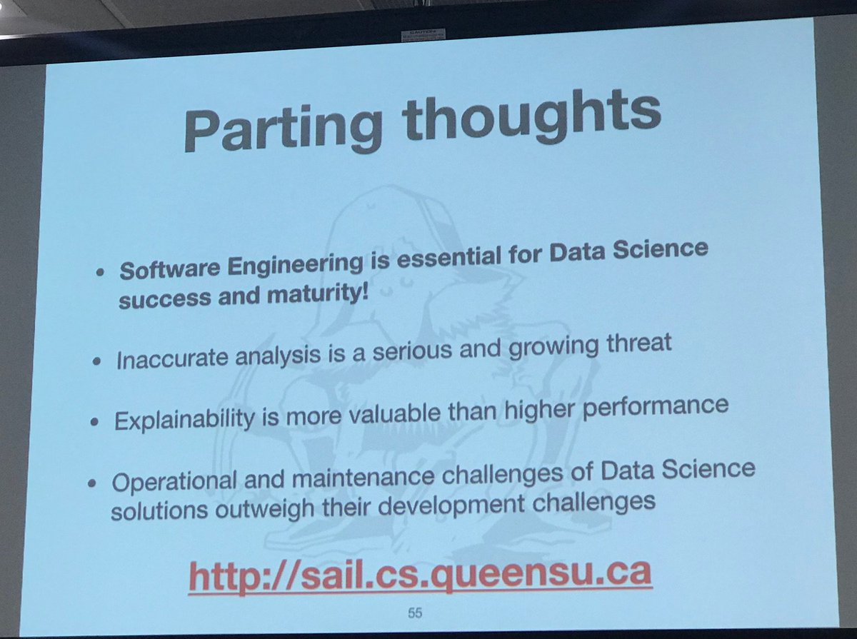 jeremy_bradbury's tweet photo. Great parting thoughts by Ahmed Hassan from his #CSER2018 Keynote:
- “Software Engineering is essential for #DataScience success and maturity!"
- “Inaccurate analysis is a serious and growing threat"
- “Explainability is more valuable than higher performance"
- … https://t.co/dhBacXKKfM