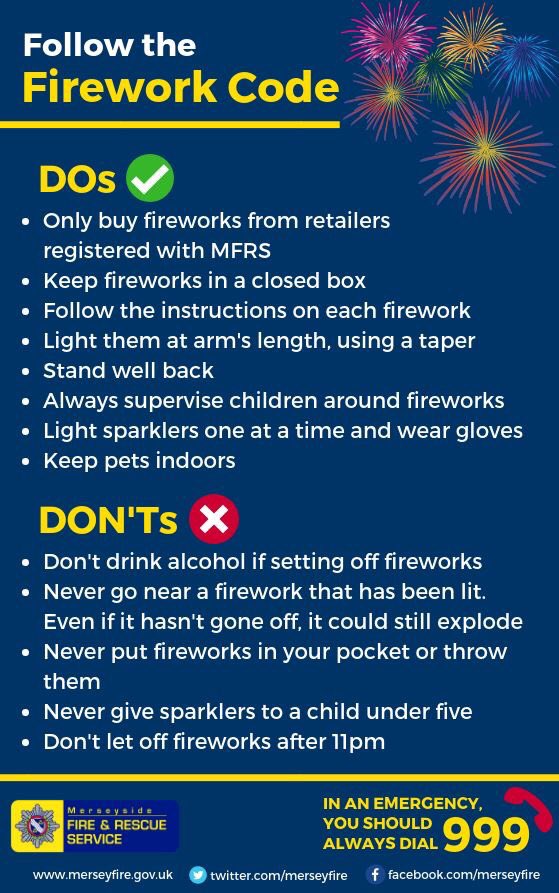 SeanDonnelly01's tweet image. A message from @MerseyFire We advise people to attend organised firework displays over the bonfire period. But if you are buying your own, please follow the #FireworkCode.

#MerseyBonfire2018