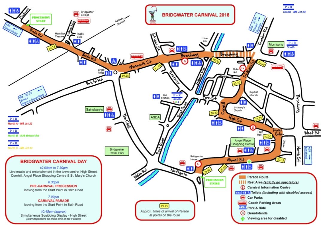 CARNIVAL ROAD CLOSURES 2018

Town centre closed 0800 - 0100.

Some closures from 1400 for set up of grandstands.

Full road closures from 1715.

Access ok for St Matthews Field car park &amp; Park &amp; Ride buses. Diversion routes signposted (M5, A39, A361).

#BridgwaterCarnival18