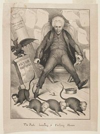 Jessica57932816's tweet photo. I liked this cartoon from the book and wanted to share it. This represents Andrew Jackson's cabinet resigning midway through his presidency as well as public confidence and reform collapsing in the back. 
Photo via @librarycongress #APUSH220 https://t.co/K2OXNwSvBJ