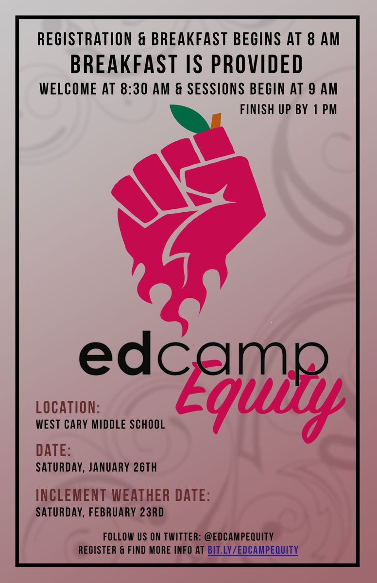 #EdCampEquity is coming to the campus of <a href="/westcaryimps/">West Cary Imps</a> Saturday, January 26, 2019. More information and registration can be found here: bit.ly/edcampequity #Equity4Wake