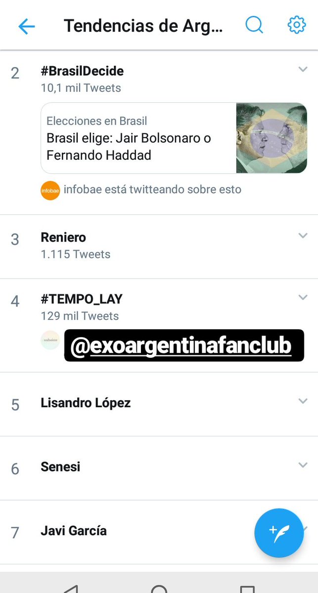 EXO_Argentina's tweet photo. [Info] 181029 @weareoneEXO #EXO⁠⁠ #EXO_TEMPO⁠ #EXO_DontMessUpMyTempo | #TEMPO_LAY es tendencia No.5 en Argentina. Sigamos así EXO-Ls! ❤️

Creado por EXO Argentina

#Info
ㅈPau https://t.co/NLzOJRcTXE