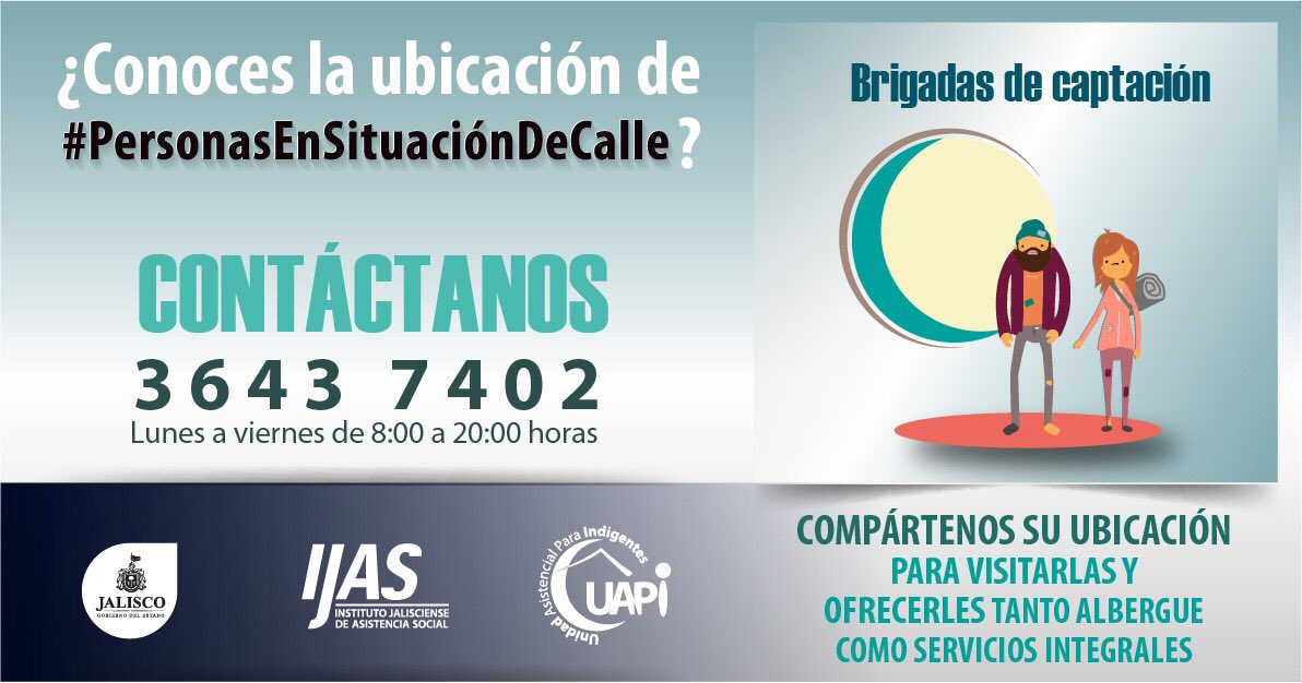 Si conoces personas en situación de calle, comparte su ubicación con el <a href="/IJASJalisco/">IJAS</a> para que les ofrezcan albergue, comida y atención integral. Llama de lunes a viernes al 3643 7402. Considera que NO se les puede obligar a aceptar la ayuda. ¡Gracias por compartir!