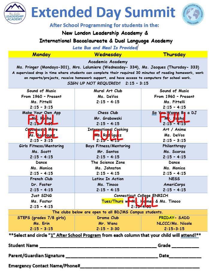 Our Extended Day Summit clubs are filling fast! All students are encouraged to check out the rosters posted outside Basecamp Monday morning. There are still spaces available in many clubs, pick up permission slips in Basecamp, Mr. Sweeney's office and many of our team classrooms.