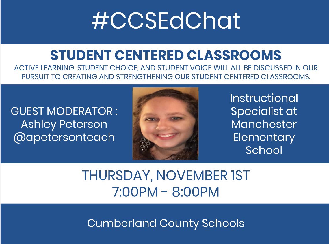katye_smith's tweet image. @apetersonteach is hosting our November #CCSEdChat! She is an instructional specialist at @Manchester_Elem, a tech camp presenter, and an online PD facilitator. She also organized @EdCampFay! Join us 🌟 NOV 1st at 7pm 🌟 #moderatorspotlight #ccsleads