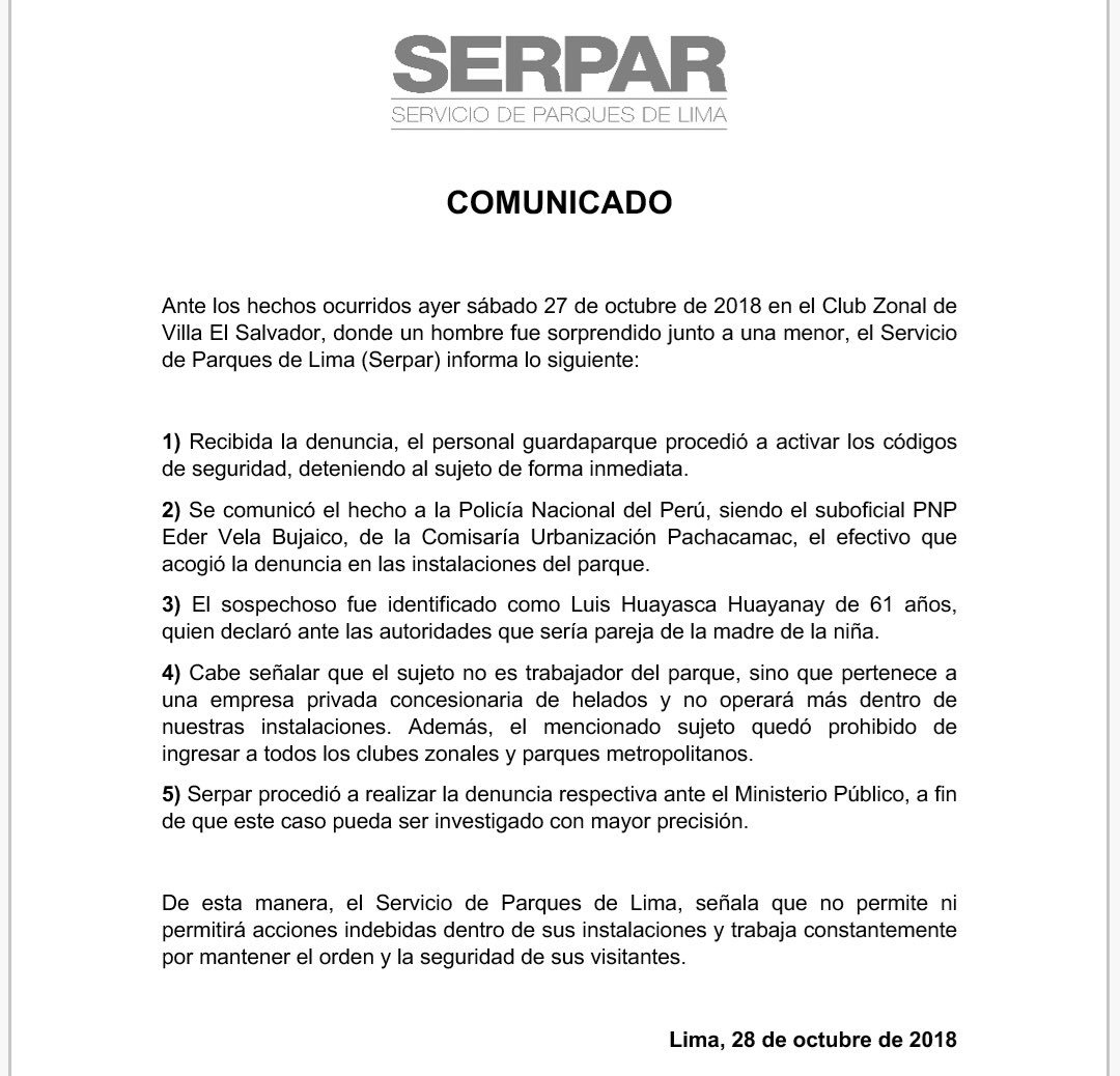 limaserpar's tweet photo. Respecto a los hechos ocurridos en el #ClubZonal de Villa El Salvador. https://t.co/nOksNDJQyr