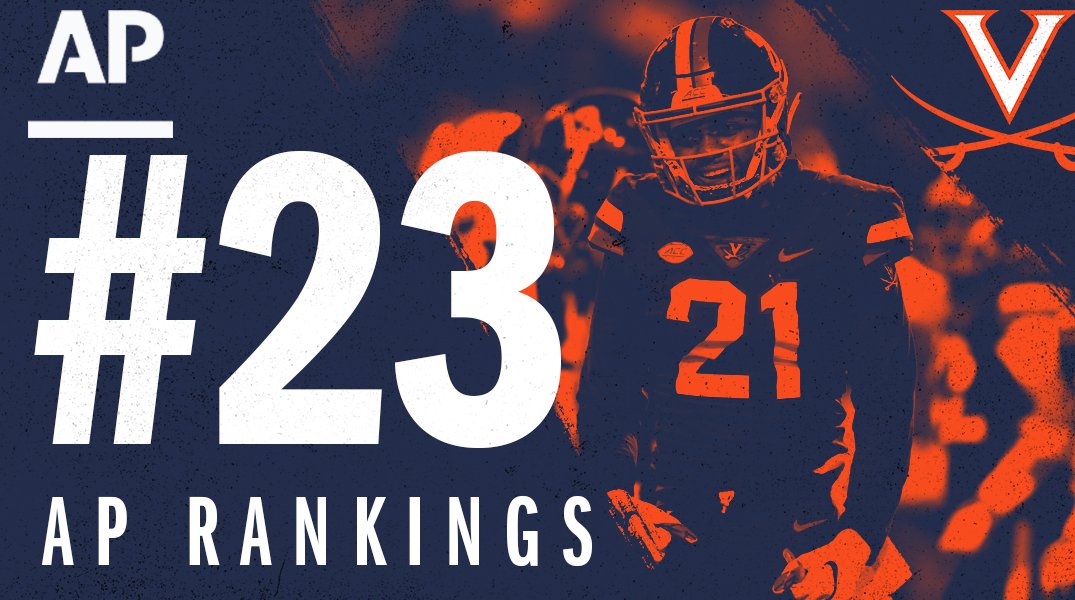 UVAFootball's tweet photo. UVA coming in at No. 2⃣3⃣ this week in the @AP_Top25 Poll. 

It is the first time the Cavaliers have been ranked in the AP Poll since Nov. 20, 2011 when UVA came in at No. 24.

#NewStandard 🔷⚔️🔶 https://t.co/02c1kSkfIn