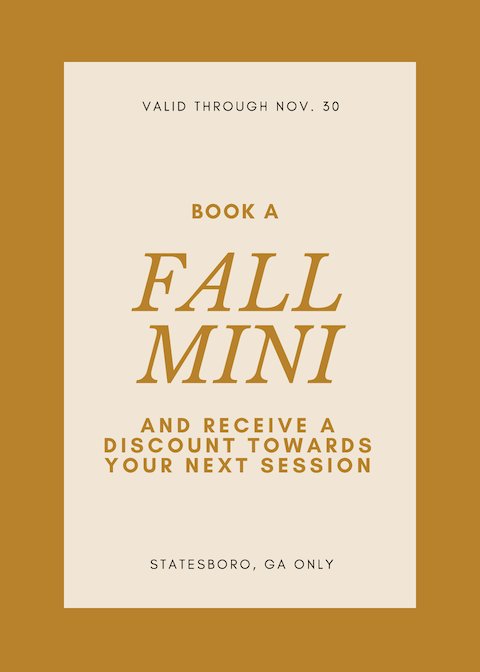 Statesboro! Now through Nov. 30, book a mini session with me and mention this flyer to get $5 off your next session! 💫

Availability is limited! Email me at c.arenaphotography@gmail.com or contact me on Facebook! facebook.com/c.arenaphotogr…