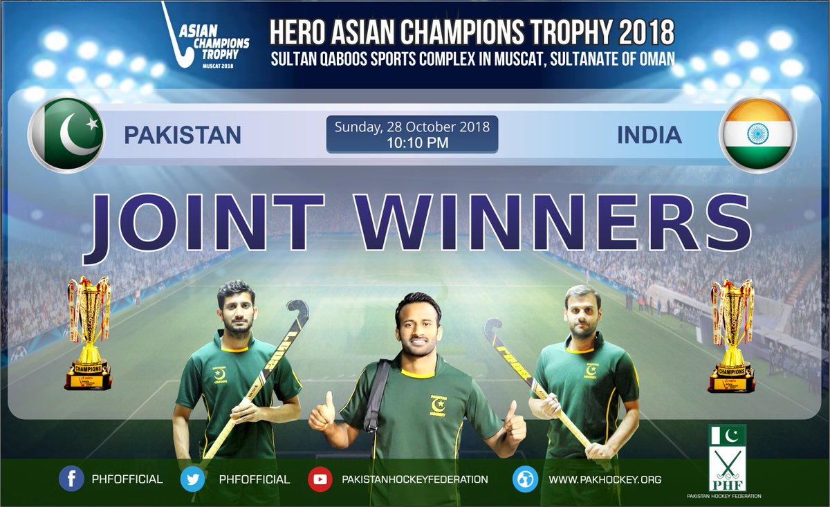 PHFOfficial's tweet photo. Team Pakistan will share the trophy of #HeroAsianChampionsTrophy2018 with India after the Final match was canceled due to rain.
Schedule &amp; Details on: https://t.co/jiK0vHXH7k
#SupportGreenTeam #AsiaHockey #MensHockey #HeroACT2018 #PHF #PakHockey https://t.co/XyEwWmhBjk