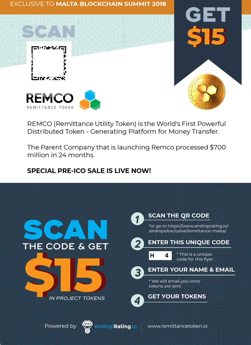 RemittanceToken's tweet photo. Receive free 187 REMCO tokens with Remittance Malta Airdrop

This is a special private airdrop, meant only for Malta Blockchain Summit Participants! Use the special code that appears on your flyer
https://t.co/iICWjUZuPA https://t.co/1Y6fF6jpku