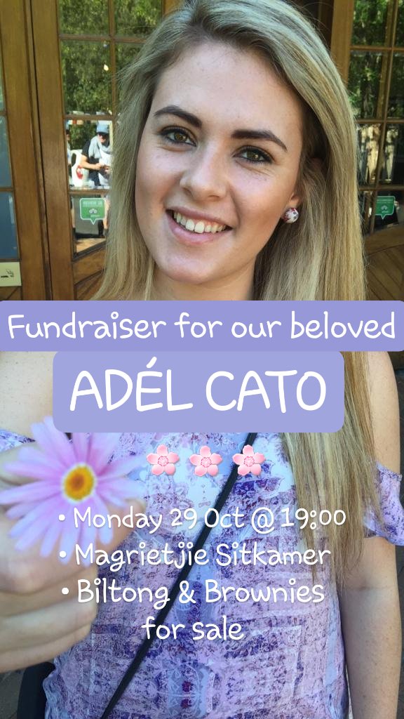 Come and support the fundraiser for our beloved Adél Cato 🌸 Yummy biltong and brownies will be sold! 
EVERYONE WELCOME!