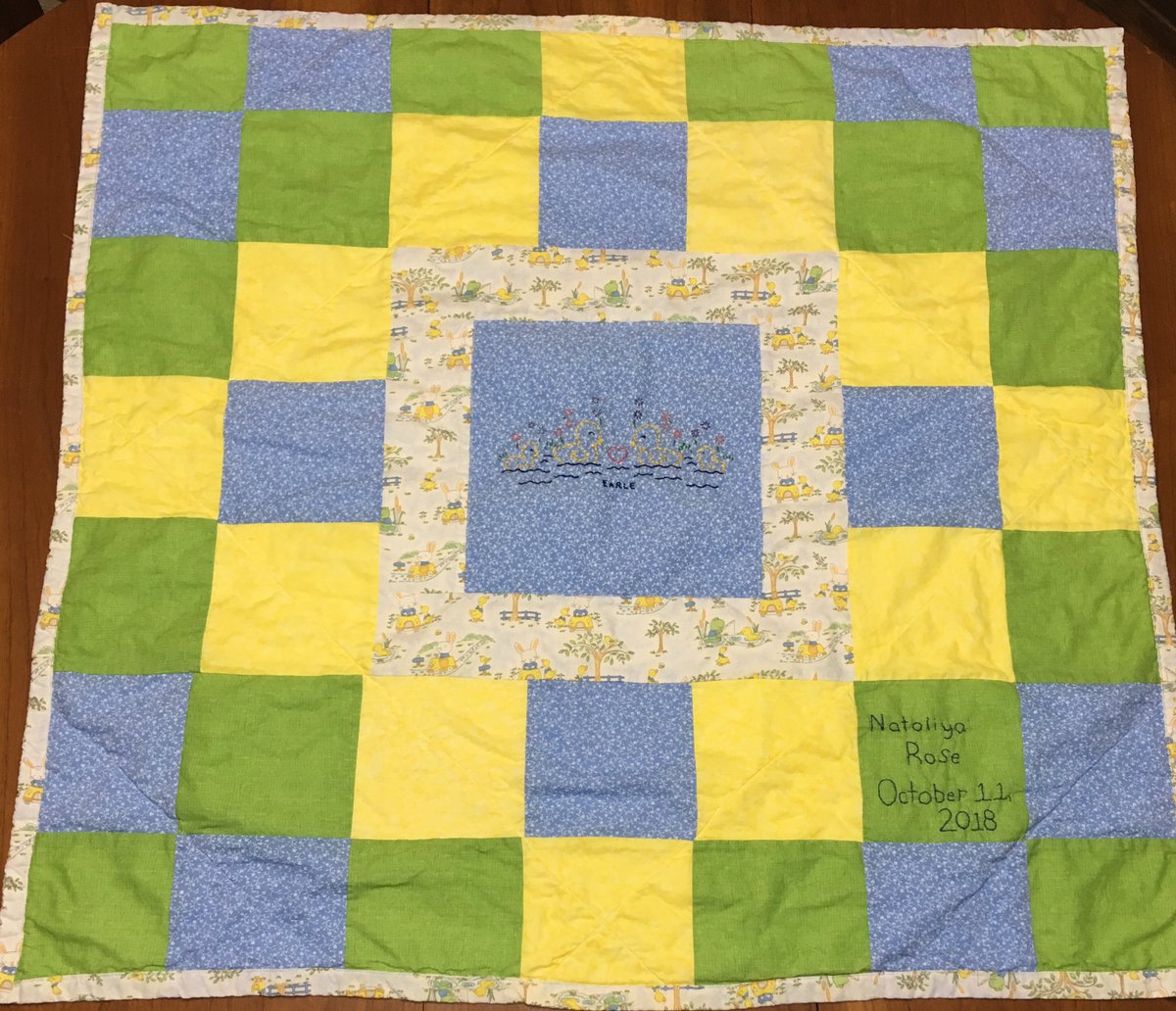 Luthien_Idril's tweet photo. Y’all. Finally finished one of the quilts I was behind on. Obviously they can never be done BEFORE the baby is born because I embroider the name and birth date on it, but now it’s done! #2Down3ToGo #BabyBlanketMakingMachine #16thQuiltIn4Years @PugfatherJeff @Stacy85455746 https://t.co/jnk1YNH7DO
