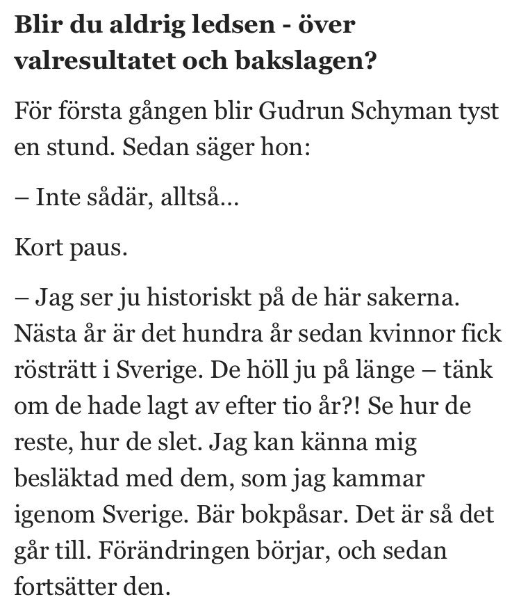 Gudrun. Aldrig har jag stött på större engagemang, mer jävla anamma, skarpare intellekt, snyggare retorik, fler personliga uppoffringar eller mer kompetens. 

Du är historisk <a href="/gudschy/">Gudrun Schyman</a>!

Tack för allt du gjort, gör &amp; fortsätter göra för feminism &amp; mänskliga rättigheter i Sverige.