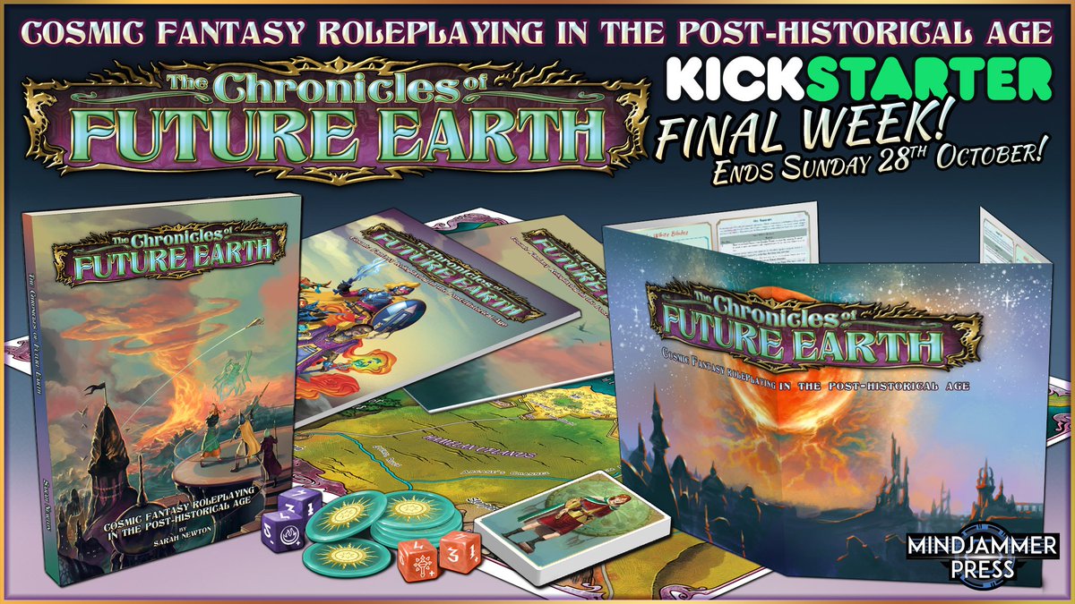 5 hours to go at THE CHRONICLES OF FUTURE EARTH kickstarter, folks! Pledge now if you'd like to be in on this massive cosmic fantasy #RPG & setting: Mindjammer Press's new flagship fantasy toolkit using a specially modified version of the Fate Core system! kickstarter.com/projects/32846…