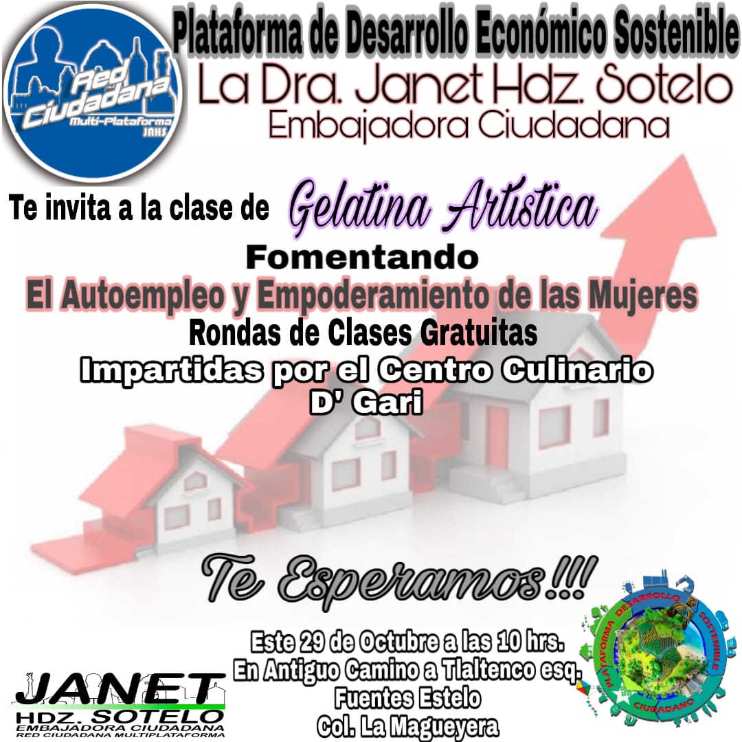 Janet_HdzSotelo's tweet photo. Te recuerdo que mañana Nuestra Plataforma de Desarrollo Económico Sostenible Te invita a participar en la Ronda de Clases Gratuitas de Gelatina Artística impartidas por el Centro Culinario D'Gari contribuyendo de esta forma al Autoempleo y el empoderamiento de las mujeres. https://t.co/rM6S3oOMfH