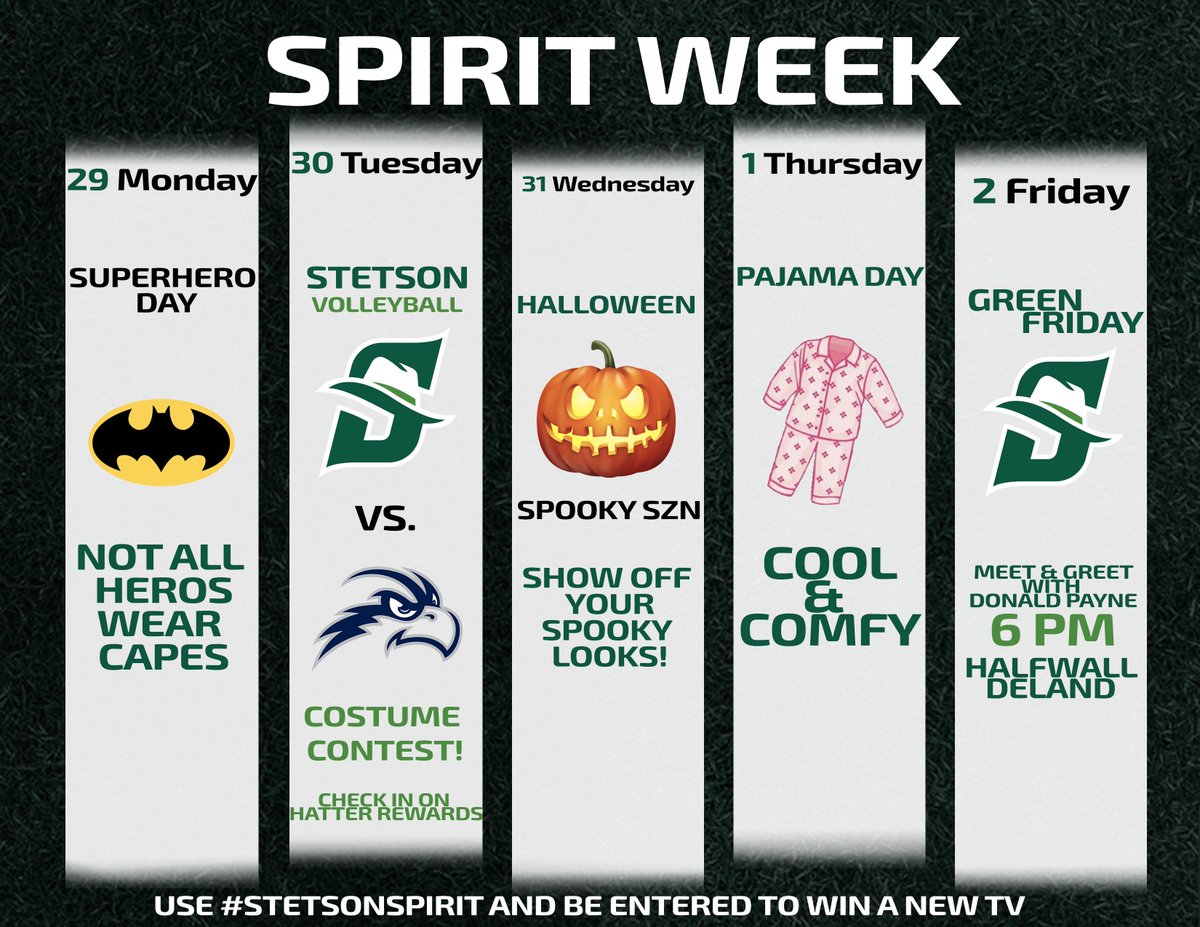 Students: Celebrate Homecoming Week with Stetson Athletics! Show us your #StetsonSpirit each day for your chance to WIN a new TV!  Use #StetsonSpirit to be entered - the more you post, the more chances you have at WINNING! #WeAreStetson