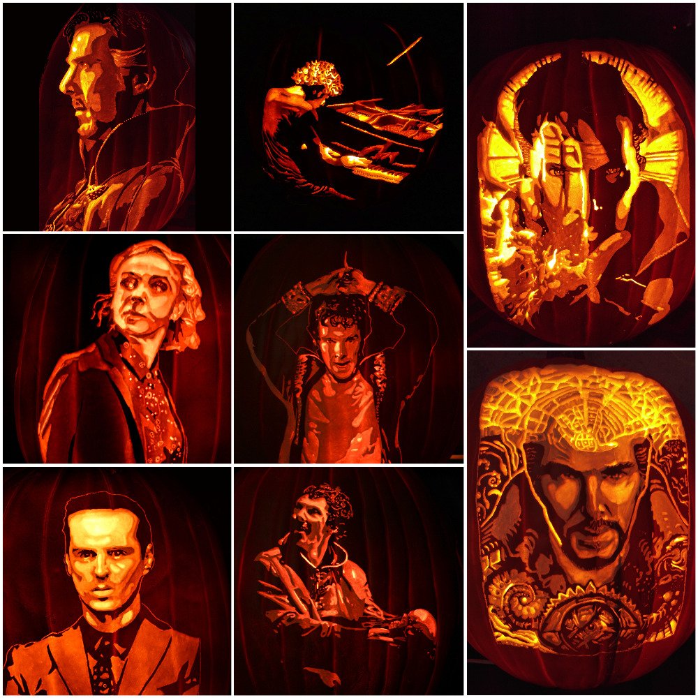 Teri_fied's tweet photo. All of my artificial pumpkins I've carved over the last 3 years. #DoctorStrange #Hamlet #Sherlock #BenedictCumberbatch #MaryWatson #Moriarty #JamesRhodes #Funkins #pumpkincarving https://t.co/nFwUHJkJ7S