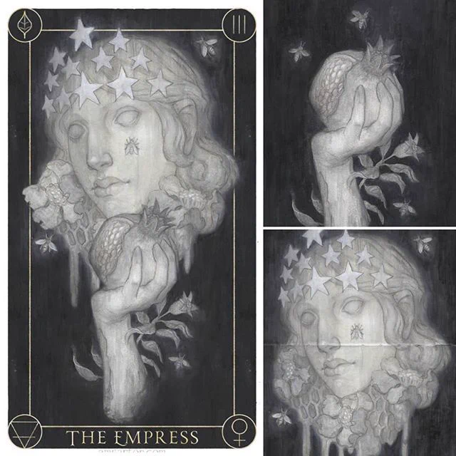 Here's a little peek into how I am making these cards. I paint them in sections and collage them together digitally. "The Hand of the Empress" is available today on @everydayorig

#tarot #thempress #amsartor https://t.co/ERncwpr1gC 