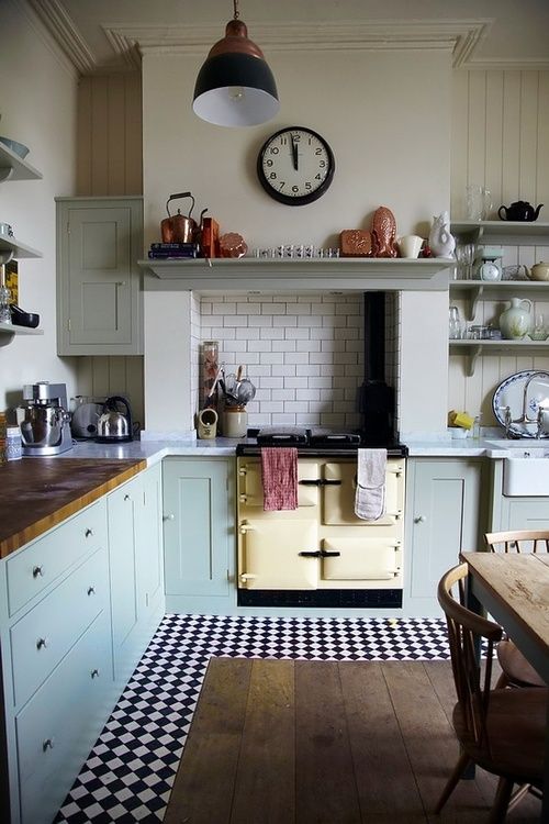 survival_Mark's tweet photo. Pale cupboards with wooden countertop. Vintage light, bold clock, open shelving https://t.co/UFckk0xcTP https://t.co/HPAEwUTvG8
