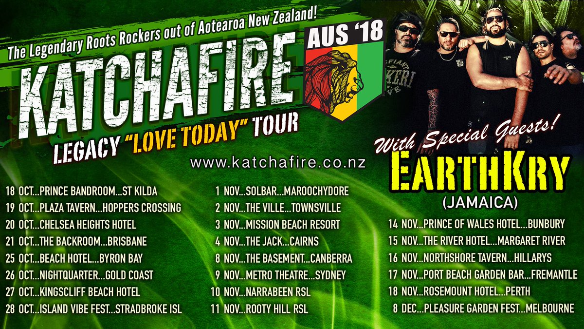 Reggae sensation Katchafire will be joined by Jamaican maestros EarthKry on their Legacy Love Today tour gig at the Basement on 8 November. Tix: facebook.com/events/5975657…