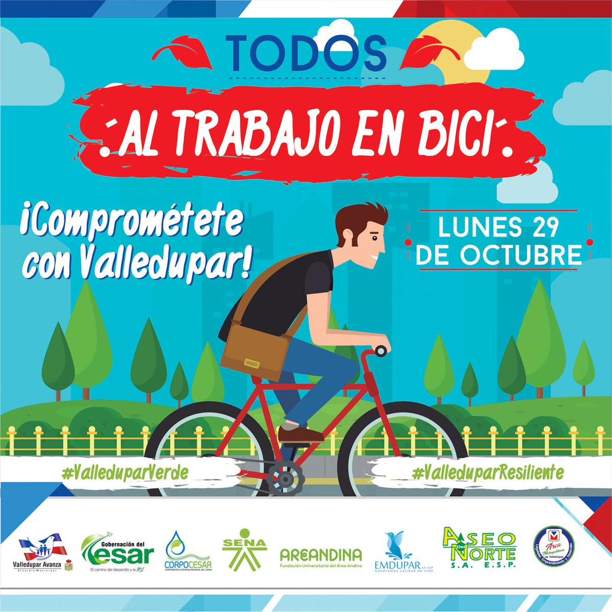 Mañana, lunes 29 de octubre, todos ‘AL TRABAJO EN BICI’.                                            Recuerda que por cada kilómetro que recorres en bici, en lugar de usar el carro, evitas la emisión de dióxido de carbono. #SemanaDeLaResiliencia #ValleduparVerde