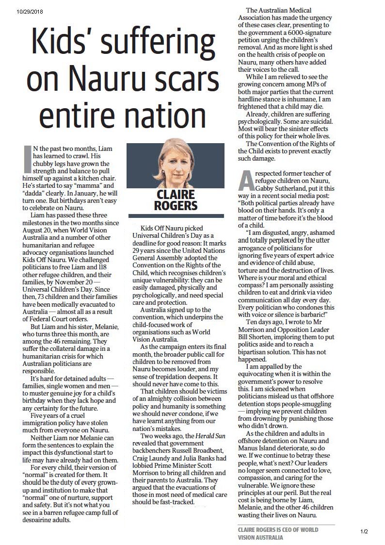 World Vision CEO <a href="/ClaireSRogers/">Claire Rogers</a> talks about #KidsOffNauru in an Opinion Piece in today's <a href="/theheraldsun/">Herald Sun</a> worldvision.com.au/media-centre/r…