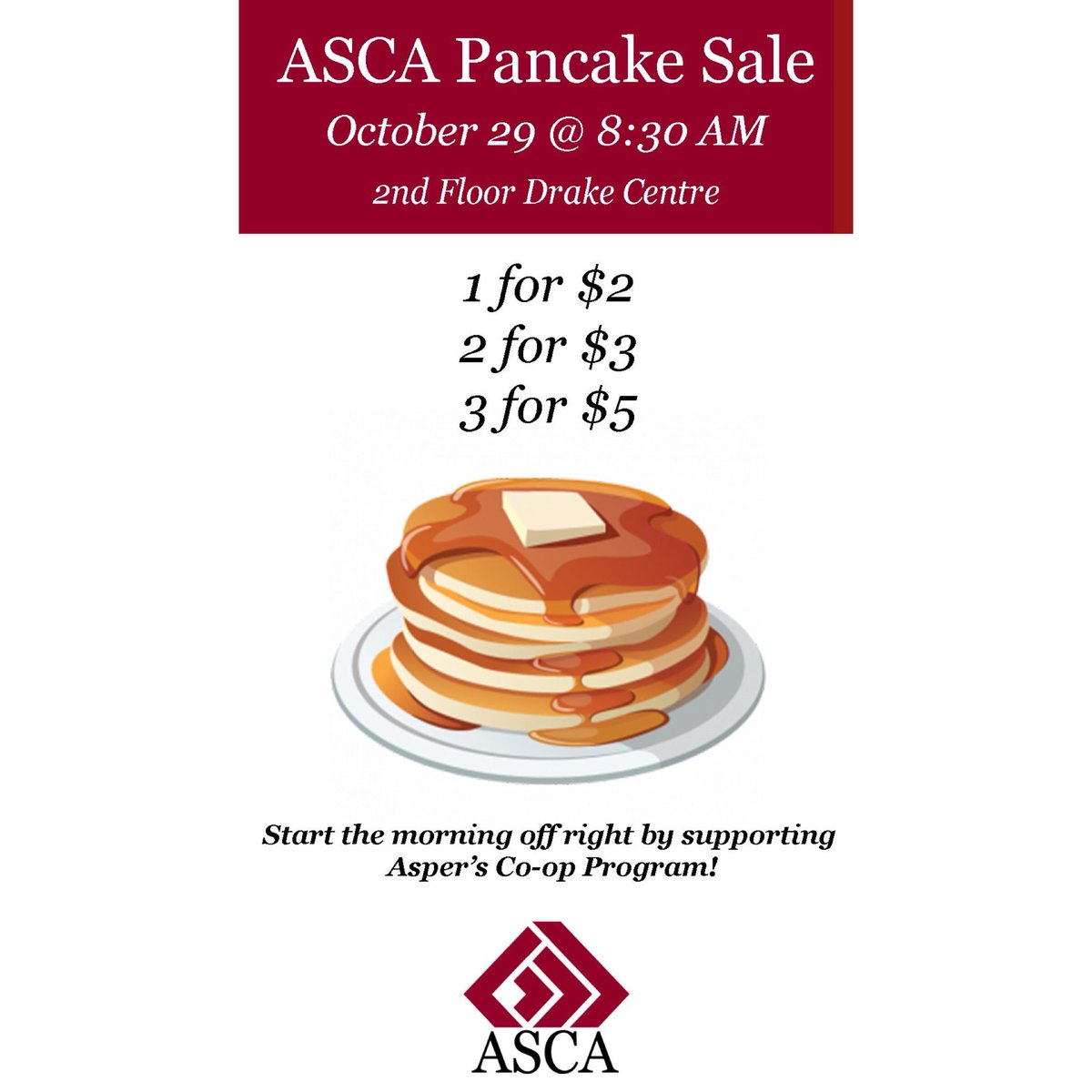 Pancakes anyone? Power through your morning classes with a pancake breakfast! 🍽 Come see us in the fishbowl tomorrow on October 29th, starting 8.30 AM! #ascaasper