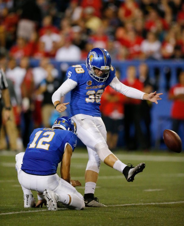 OberkromKicking's tweet photo. San Jose State Kicker. 3/3 with 50 long. 54.5 punt average. Freak yeah @Bryce__Crawford @SJSUSpartanFB #texaskicking #kicker #fg https://t.co/HNSyLi7cZ9