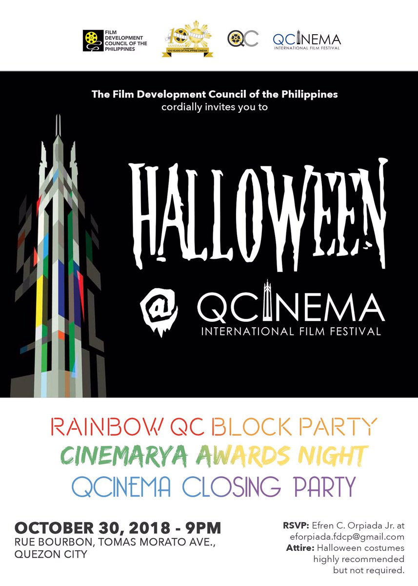 fdcpofficial's tweet photo. Happening tomorrow! #HalloweenAtQcinema! We will celebrate the films, the filmmakers and the people behind the success pf @QCinemaPH! Kitakits! #PHCinemaCentennial https://t.co/P98vlYy03T