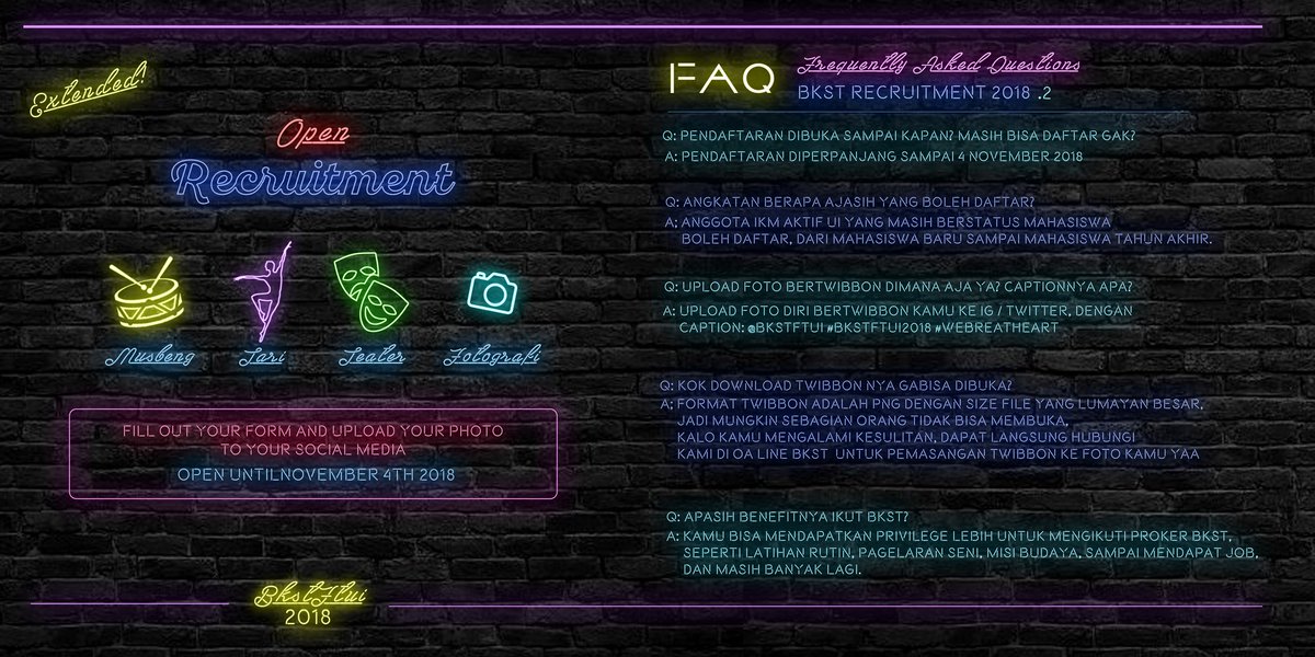[FAQ RECRUITMENT BKST 2018]

Pendaftaran BKST 2018 diperpanjang sampai 4 November lho!

Ini adalah beberapa pertanyaan yg sering muncul seputar pendaftaran BKST 2018. Semoga bisa menjawab pertanyaan kamu yaa!

Yuk jangan ragu lagi buat daftar!

#BKSTFTUI2018
#WeBreatheArt