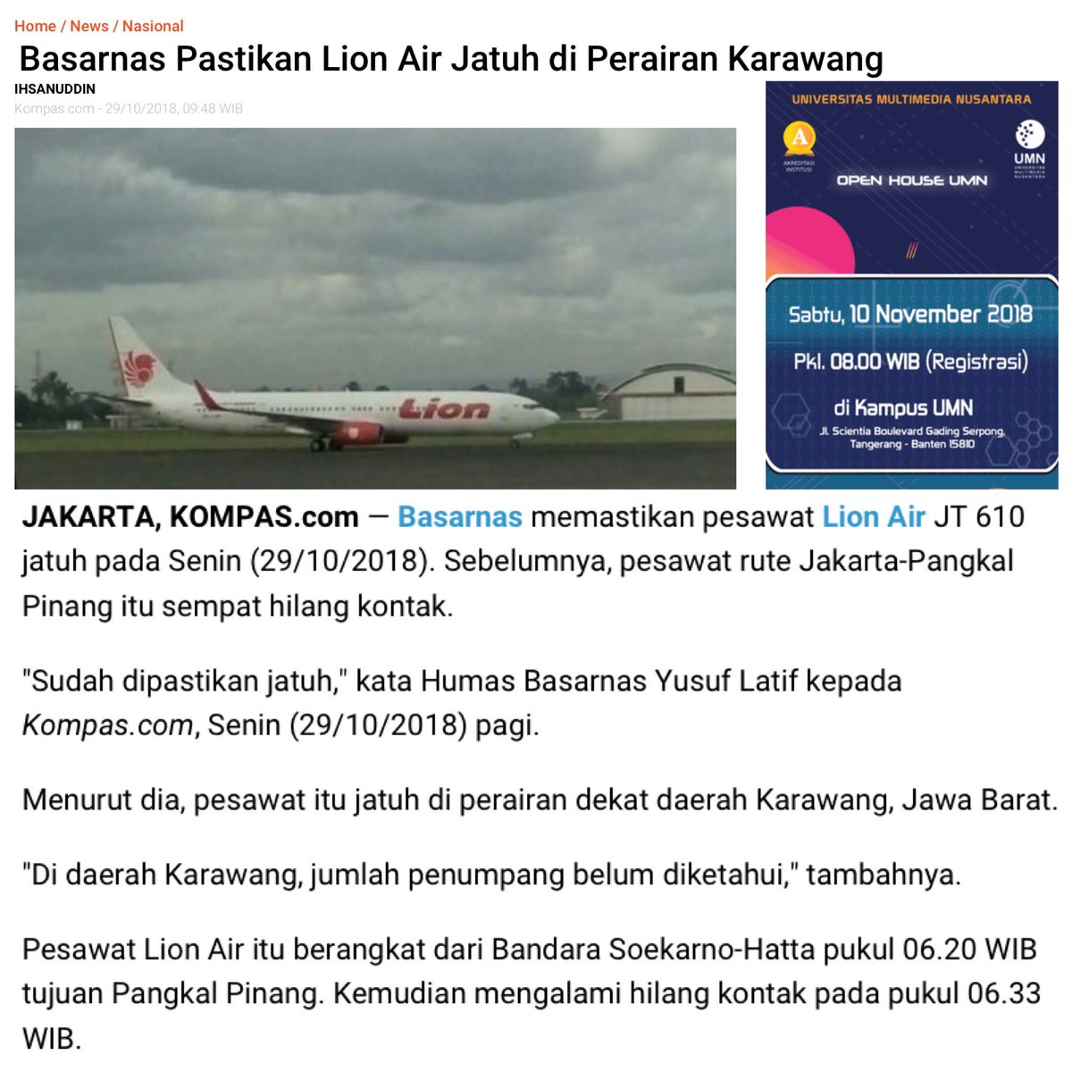 TURUT BERDUKA CITA atas jatuhnya pesawat Lion Air, rute Jakarta-Pangkal Pinang di perairan Karawang pagi tadi.  Semoga proses SAR bisa berlangsung dengan cepat &amp; lancar. Semoga keluarga penumpang yg menjadi mendapat musibah ini bisa diberi ketabahan &amp;  kesabaran atas musibah ini.