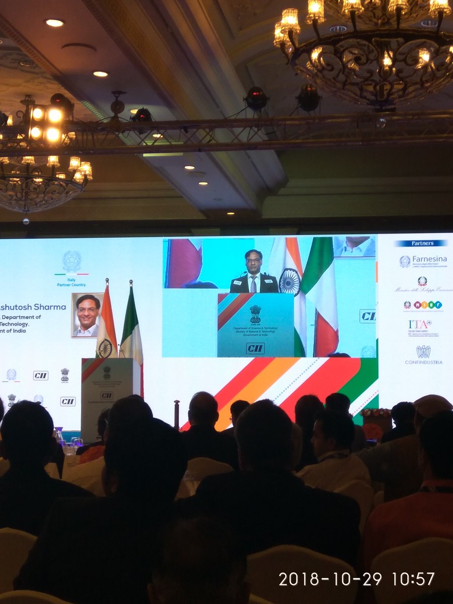 IndiaDST's tweet image. India is emerging as a leader in affordable technology to leverage this working together to boost tech #incubators &amp;amp; #startups is important: @Ashutos61 , @IndiaDST Secretary at DST-CII India Italy #TechnologySummit.