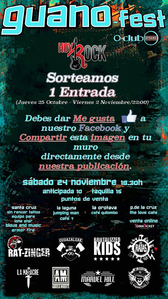 HoyRockOficial's tweet photo. Te invitamos a @FestGuano , participa en el sorteo, sigue las instrucciones via facebook.  Bandas:
@LasRatasRock @RAT_ZINGER @BrutalizzedKids @AbuelaMuerte @GudazaleakHC @MarvelHillRock La Masacre Sr. Agente https://t.co/UszJw7oUwW