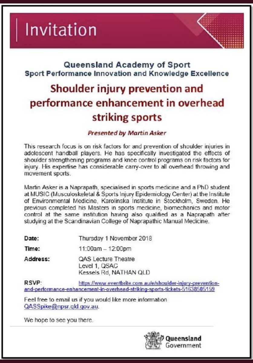 Want to know how to improve performance and reduce injury in throwing/ overhead striking sports? Come listen to @martinasker - register at eventbrite.com.au/e/shoulder-inj…