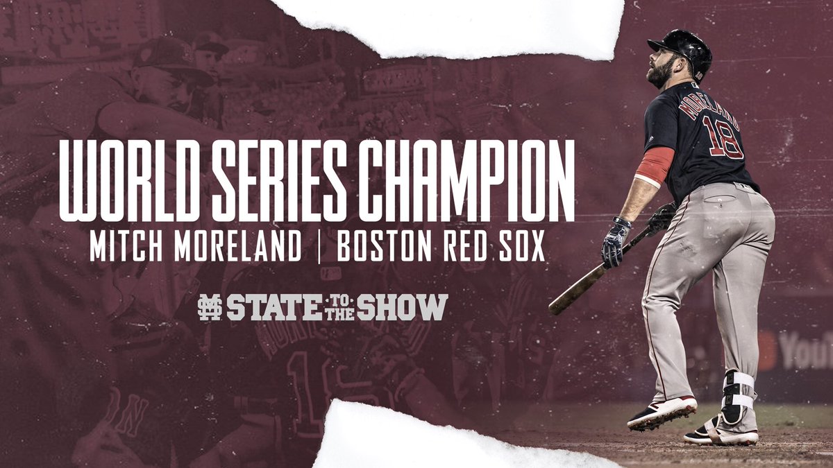 HailStateBB's tweet photo. Congratulations to Mitch Moreland and the @RedSox on winning the #WorldSeries!

#STATEtoTheShow #HailState🐶 https://t.co/Wzrmfvkgyn