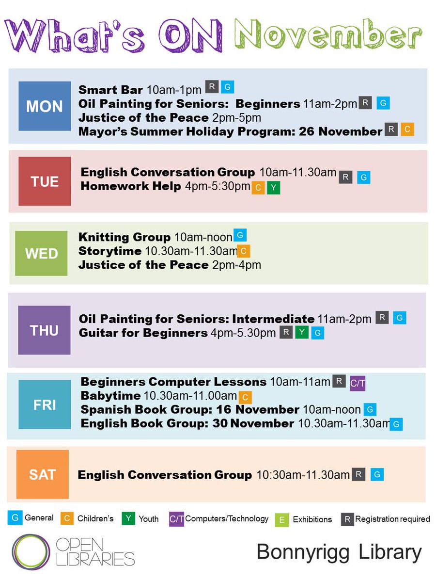FCOpenLibraries's tweet photo. What's On in November at #BonnyriggLibrary, #FairfieldLibrary, #SmithfieldCommunityLibrary, and #WetherillParkLibrary. For more information, visit us at https://t.co/XNf0sihEgs https://t.co/cYCkoqOQo5