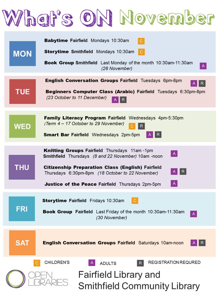 FCOpenLibraries's tweet photo. What's On in November at #BonnyriggLibrary, #FairfieldLibrary, #SmithfieldCommunityLibrary, and #WetherillParkLibrary. For more information, visit us at https://t.co/XNf0sihEgs https://t.co/cYCkoqOQo5